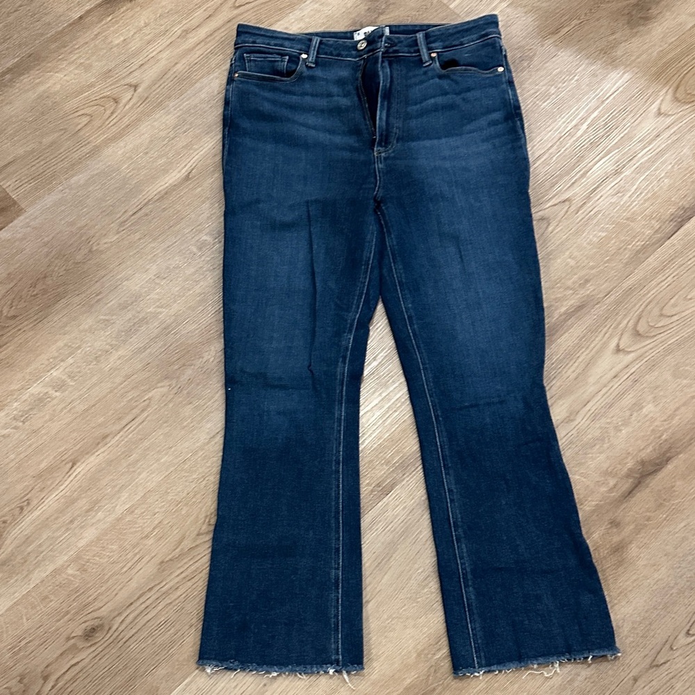 PAIGE Claudine High Waist Dark Blue Flare Jeans with Frayed Hem